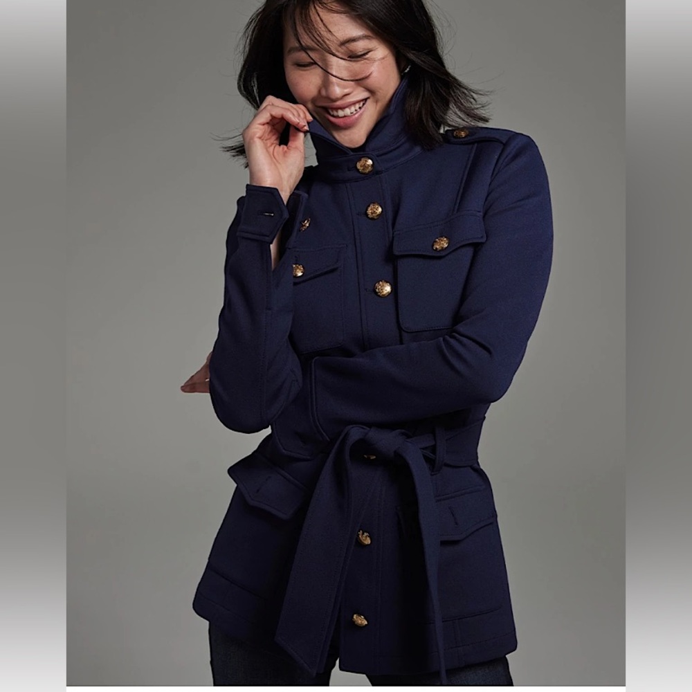 WHITE HOUSE BLACK MARKET luxe stretch safari jacket officer blue navy -S-NWT!